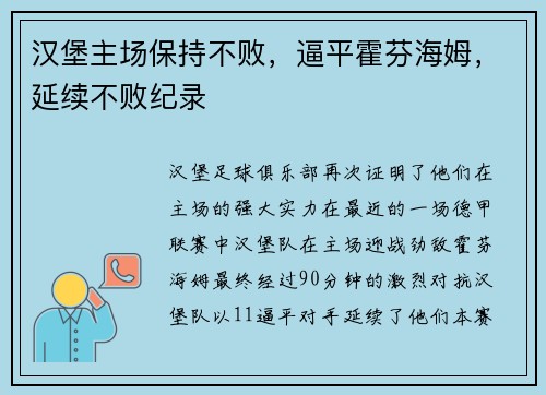 汉堡主场保持不败，逼平霍芬海姆，延续不败纪录