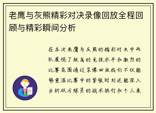 老鹰与灰熊精彩对决录像回放全程回顾与精彩瞬间分析